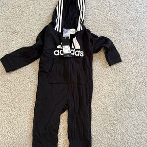 adidas Black Kids Hooded One-Piece Bodysuit with White Stripes